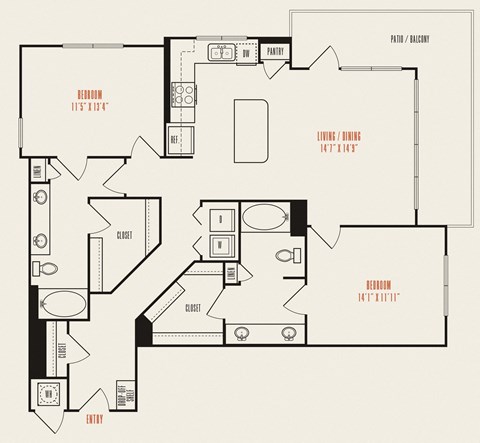 Floor plan for 2 beds, 2 baths, 1293 sqft